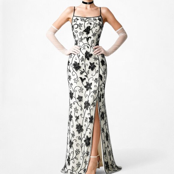 Vintage Gray Black Floral Beaded Silk Bodycon Side Slit Maxi Prom Dress Size S - Picture 1 of 9